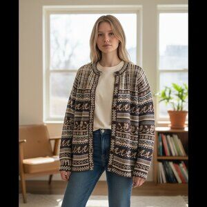 90s Womens Wool Fair Isle Cardigan Sweater‎ Beige Sz M Brown Cottagecore